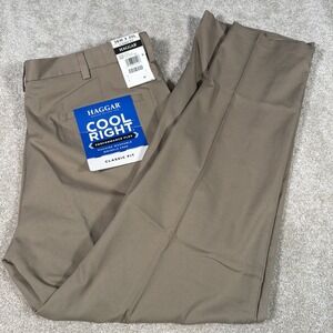 Haggar Cool Right Performance Flex Pants Mens 38 X‎ 30 Khaki Classic Fit NEW